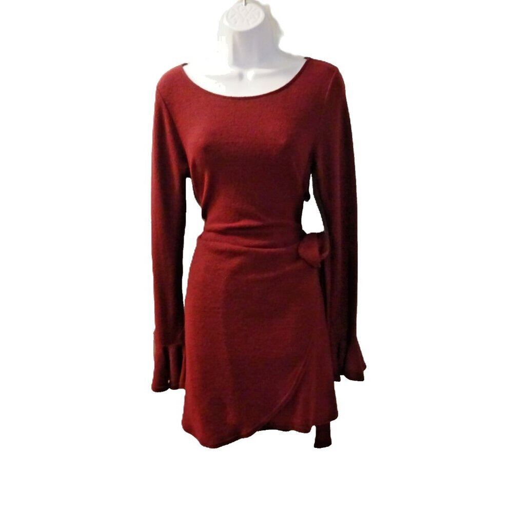 Lulu's Exclusive Burgundy Faux Wrap Long Bell Sleeve Women Sweater Dress Med
